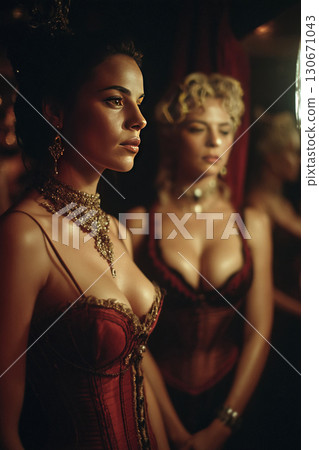 Courtesans in dramatic lighting explore themes of intimacy and power in a lavish historical setting 130671043