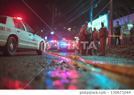 Crime investigation unfolds with police presence and flashing lights on a dark street 130671044