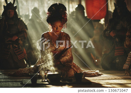 Geisha performing tea ceremony amidst samurai warriors in traditional Japanese culture 130671047