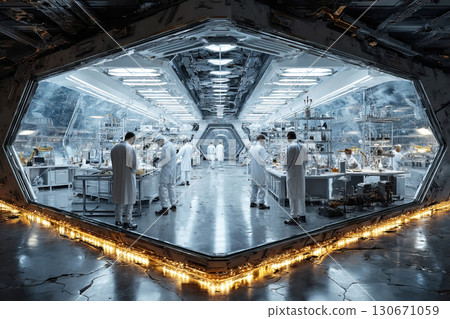 Group of scientists conducting teleportation experiments in a futuristic laboratory environment 130671059