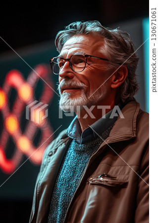 Professor smiling while giving a lecture about DNA at a university classroom setting Professor smiling while giving a lecture about DNA at a university classroom setting 130671061