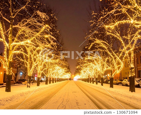 Illumination along a tree-lined road leading to a snowy road Illumination along a tree-lined road leading to a snowy road 130671094