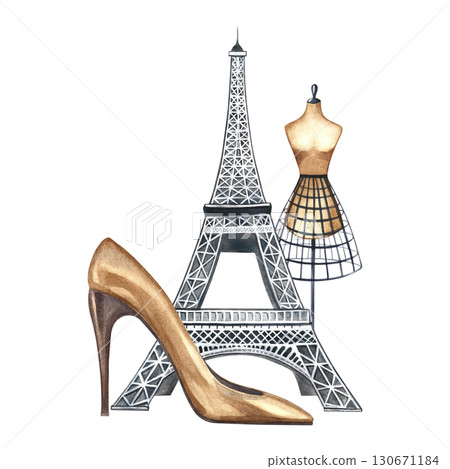 Parisian fashion. Hand-drawn watercolor illustration. The Eiffel Tower, a woman's high-heeled shoe, and a tailor's dummy. Suitable for postcards, stickers, packaging, and more. 130671184