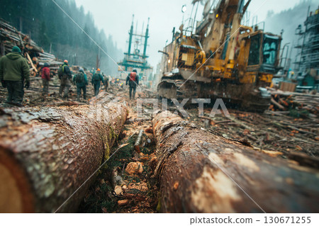 Industrial logging operation involves felling large old trees in a forested area 130671255