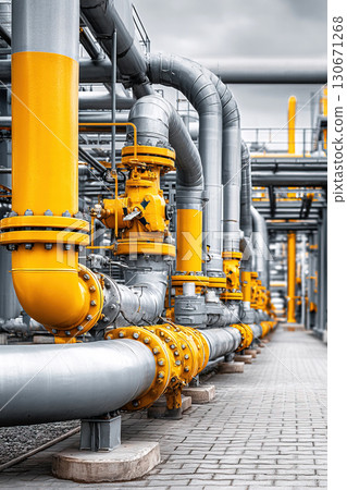 Modern gas pipeline system with shining pipes and pumps in a complex setup 130671268