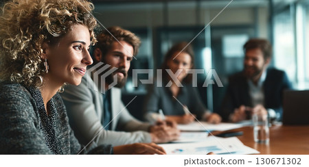 Colleagues collaborate in a modern office setting during a business meeting 130671302
