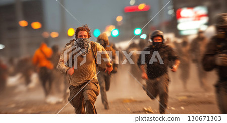 Protesters flee from police during street clash amid escalating tensions at dusk 130671303