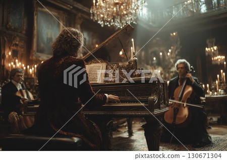 Mozart Bach and Beethoven performing in a grand concert hall illuminated by candlelight 130671304
