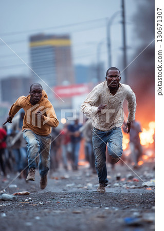 Protesters flee from police during unrest in an urban African setting 130671307