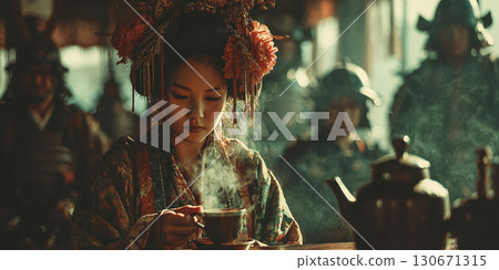 Geisha performs traditional tea ceremony amidst samurai in historical Japanese setting 130671315