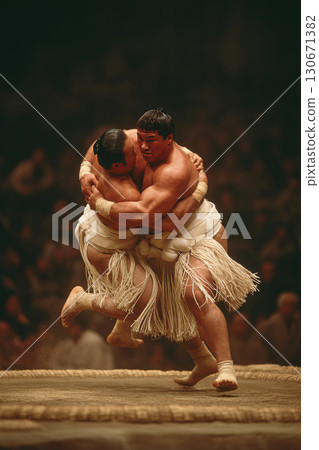 Sumo wrestler performs a powerful throw on an opponent during a competitive duel in Japan 130671382