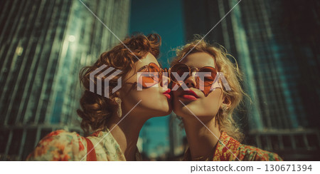 Modern girls kiss in a city center celebrating love and equality amid skyscrapers 130671394