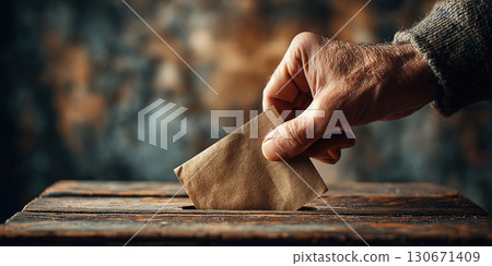 Hand dropping a ballot into a ballot box during an election event 130671409