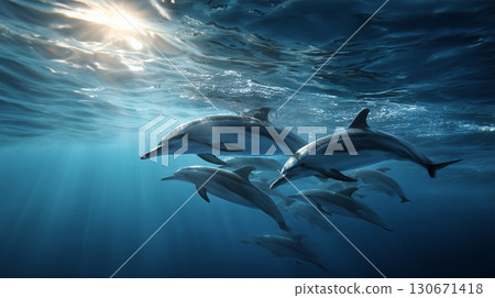 海豚在海洋中成群游泳 130671418