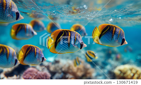 Tropical fish swimming in a school in the ocean Tropical fish swimming in a school in the ocean 130671419