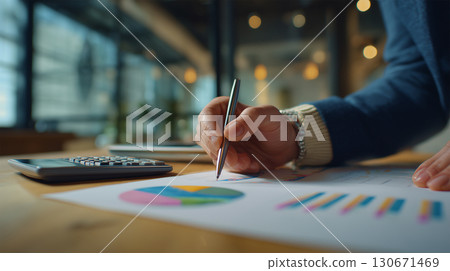 A scene where the hand on the jacket sleeve touches the graph 130671469