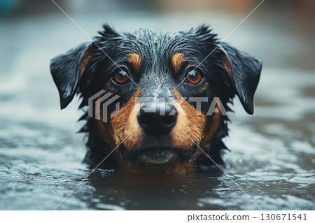 Rescuer assists scared dog during city flood emergency efforts Rescuer assists scared dog during city flood emergency efforts 130671541