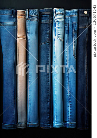 Different styles of denim pants showcased in a new collection on a black background Different styles of denim pants showcased in a new collection on a black background 130671542