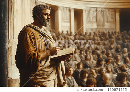 Ancient philosopher gives a lecture to students in a classical hall 130671555