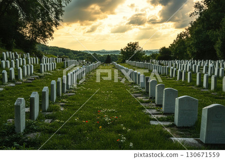 Military cemetery honoring fallen soldiers during a quiet sunset 130671559