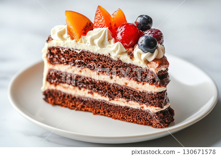 Chocolate cake with white meringue eclair and candied fruit on a decorative plate 130671578