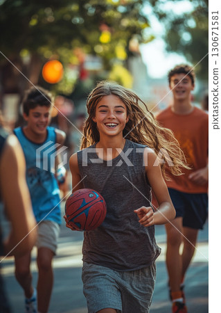 Teenagers engaging in street sports games and enjoying themselves in a modern city setting 130671581