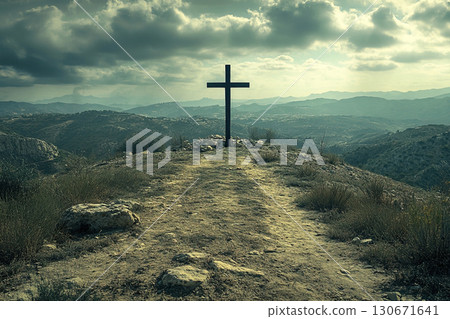 View from above of Jesus Christ on the cross during crucifixion on a hilltop in Jerusalem View from above of Jesus Christ on the cross during crucifixion on a hilltop in Jerusalem 130671641