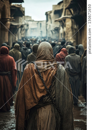 Chained individuals walk through the bustling marketplace of the ancient Arab slave trade Chained individuals walk through the bustling marketplace of the ancient Arab slave trade 130671650