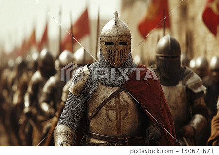 Knights in armor ride towards battle during the crusades near a fortified location Knights in armor ride towards battle during the crusades near a fortified location 130671671
