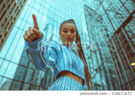 Celebrity woman in tracksuit poses with thumb down against mirrored business center backdrop 130671672