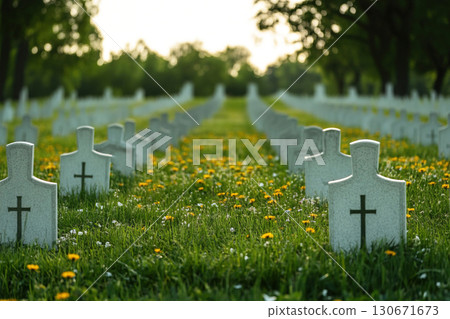 Soldiers' memories honored in a serene military cemetery adorned with blooming flowers 130671673