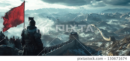 Chinese soldiers stand guard on the great wall during winter with a red flag waving. Header banner mockup with copy space. 130671674