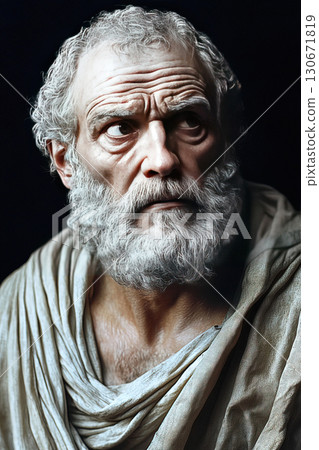 Sophocles portrayed as an ancient playwright in a dramatic artistic representation 130671819