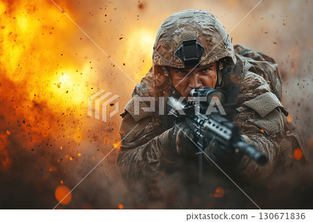Modern soldier engaging in combat amid explosions during military action 130671836