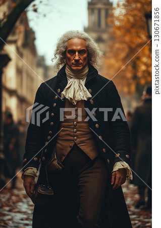 Isaac Newton walking through the streets of London in the year 1700 during autumn 130671856