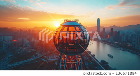 Modern Ferris wheel attraction offers stunning views of a city during sunset. Header banner mockup with copy space. 130671884