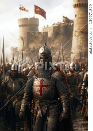 Knights march towards battle during the Fifth Crusade in the early 13th century 130671899