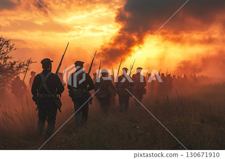 Soldiers march into battle during the American Civil War at Gettysburg in the evening light Soldiers march into battle during the American Civil War at Gettysburg in the evening light 130671910