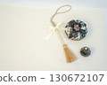 Top view of a pumpkin ornament and broom 130672107