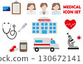 medical care illustration element set. Insurance, medical record, doctor, nurse, surgeon, hospital building, ambulance, laboratory, virus, microscope, medicine, pill, heart, cardio, thermometer 130672141