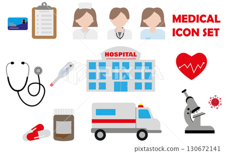 medical care illustration element set. Insurance, medical record, doctor, nurse, surgeon, hospital building, ambulance, laboratory, virus, microscope, medicine, pill, heart, cardio, thermometer medical care illustration element set. Insurance, medical record, doctor, nurse, surgeon, hospital building, ambulance, laboratory, virus, microscope, medicine, pill, heart, cardio, thermometer 130672141
