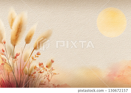 Watercolor illustration of a full moon and Japanese pampas grass - Autumn background design for moon viewing 130672157