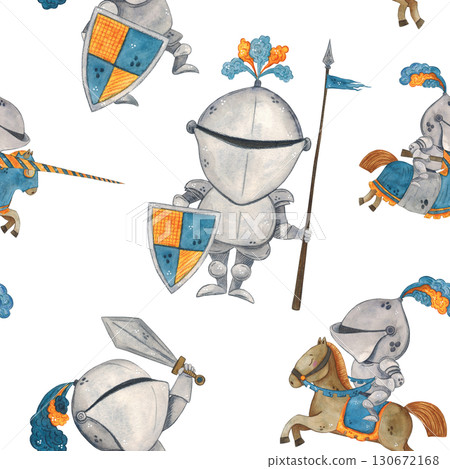 Seamless pattern medieval knights, cartoon. Watercolor hand drawn illustration. Drawing for paper, textile, cards, scrapbooking. History, tournament, battle, warrior, horse, armor 130672168