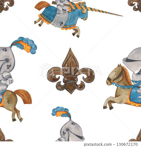 Seamless pattern medieval knights on horseback and heraldic lily, cartoon. Watercolor hand-drawn illustration. Drawing for paper, textile, cards, scrapbooking. History, tournament, battle, warrior 130672170
