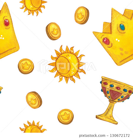 Seamless pattern of royal crown, golden cup and coins. Watercolor hand drawn illustration. Drawing for paper, textile, cards, scrapbooking. History, king, wealth, gold, power, kingdom 130672172