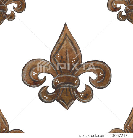 Seamless pattern of brown heraldic fleur-de-lis. Watercolor hand-drawn illustration. Drawing for paper, textile, cards, scrapbooking. History, tournament, battle, warrior, horse, armor 130672173