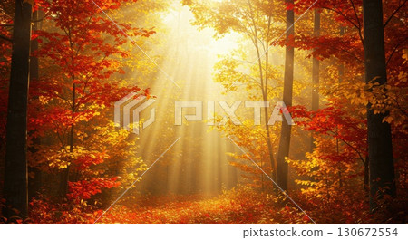 Colorful autumn leaves and sunlight filtering through the trees 130672554