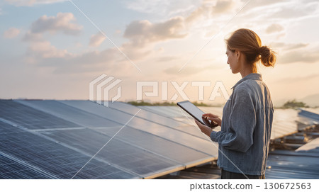 一名婦女正在檢查太陽能板 一名婦女正在檢查太陽能板 130672563