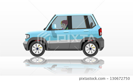 Concept vector illustration of detailed side of a flat family car blue color. Can view interior of car with driver and couple. With reflection of a car on the ground. Concept vector illustration of detailed side of a flat family car blue color. Can view interior of car with driver and couple. With reflection of a car on the ground. 130672750