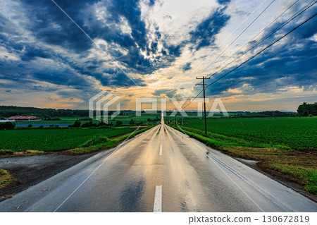 廣闊的田野和延伸至天空的道路的風景 130672819